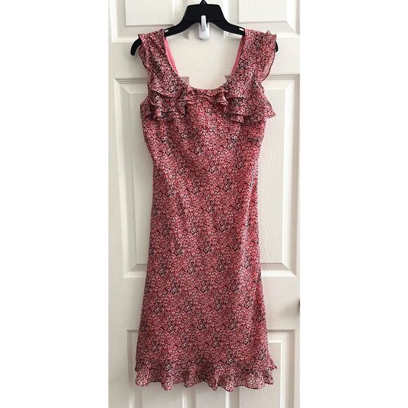 EXPRESSIONS Vintage 90's Y2 Pink Ditzy Print Ruffle Slip Midi Knee Dress - Picture 1 of 12